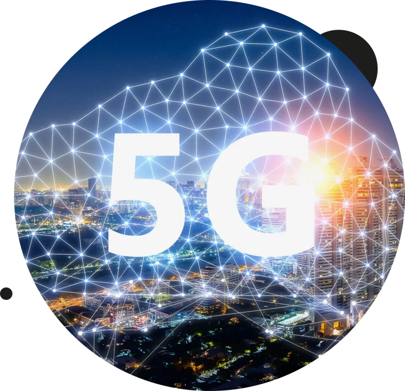 5G network symbol within a connection lines reasembling a cloud, hovering above the night landscape of modern city
